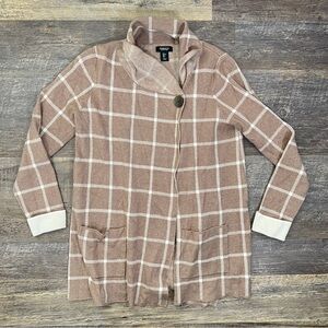 Jones New York tan taupe checkered sweater jacket size large L B152